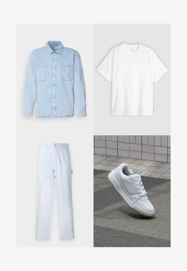 Camicia di jeans azzurro chiaro con maniche lunghe, chiusura con bottoni frontale, due tasche sul petto e colletto classico. Realizzata in un morbido tessuto testurizzato.; T-shirt bianco a maniche corte in cotone con collo rotondo. Presenta un discreto dettaglio logo in rilievo sulla parte frontale e un'etichetta rossa sull'orlo.; Pantaloni a righe blu chiaro realizzati in cotone. Design a gamba dritta, con chiusura frontale a bottone e tasche laterali. Texture morbida.; Sneaker bianca in pelle con lati perforati, accenti testurizzati, lacci piatti e tallone grigio a contrasto. Presenta una suola leggermente elevata.