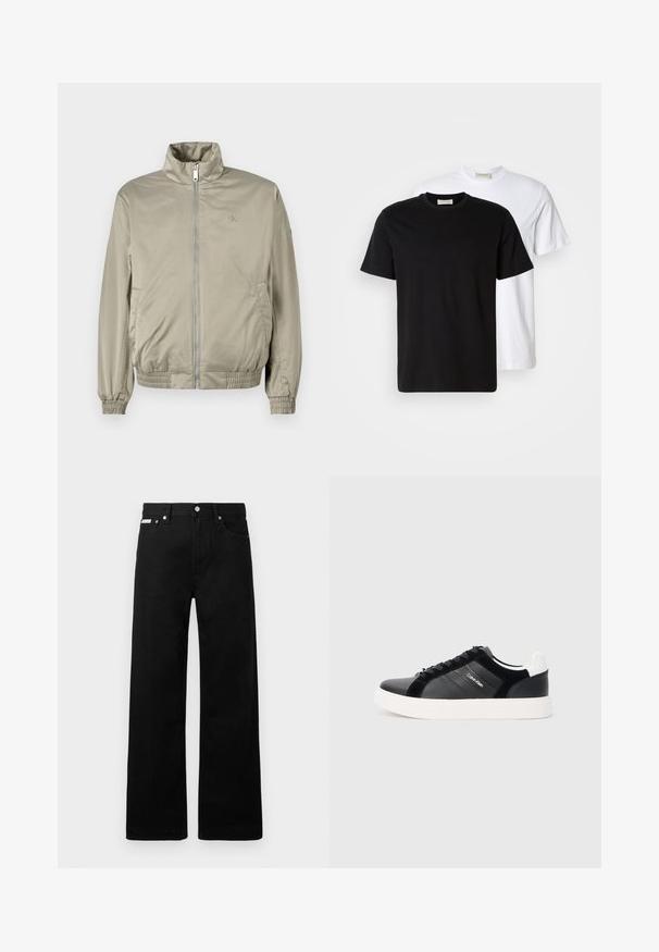 Šviesiai žalia lengva užtrauktuku užsegama striukė su aukštu apykakle, elastinėmis rankovėmis ir šoninėmis kišenėmis, su subtiliu logotipu krūtinėje.; Du riebi medvilniniai marškiniai, vieni juodi, padėti prie baltų, abu trumpomis rankovėmis ir apvaliais iškirpimais.; Juodos džinsinės kelnės su plačiu kojų dizainu, turinčios penkias kišenes ir metalinius sagčių akcentus. Lygus paviršius, be matomų raštų.; Juodi sportbačiai su blizgia oda ir zomšo detalėmis, balta padu ir juodais raišteliais. Šone yra logotipas ir kontrastinga kulno detalė.