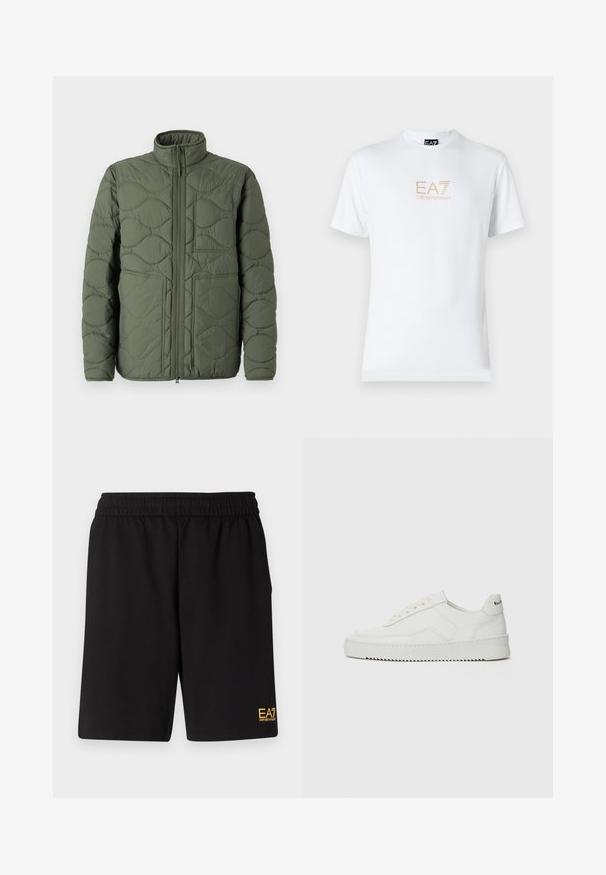 Olíva zöld puffertárcsás dzseki magas gallérral, steppelt textúrával, elülső cipzárral és két nagy, ferdén elhelyezett zsebbel.; Fehér pamut póló, kerek nyakkivágással és rövid ujjakkal, az elején arany EA7 Emporio Armani logóval nyomtatva.; Fekete sportnadrág puha anyagból, rugalmas derékkal és egy kis sárga EA7 logóval a bal alsó lábszáron.; Fehér bőr sportcipő sima felülettel, kerek orral, lapos fűzőkkel és texturált talppal. Finom logó található a sarokon.