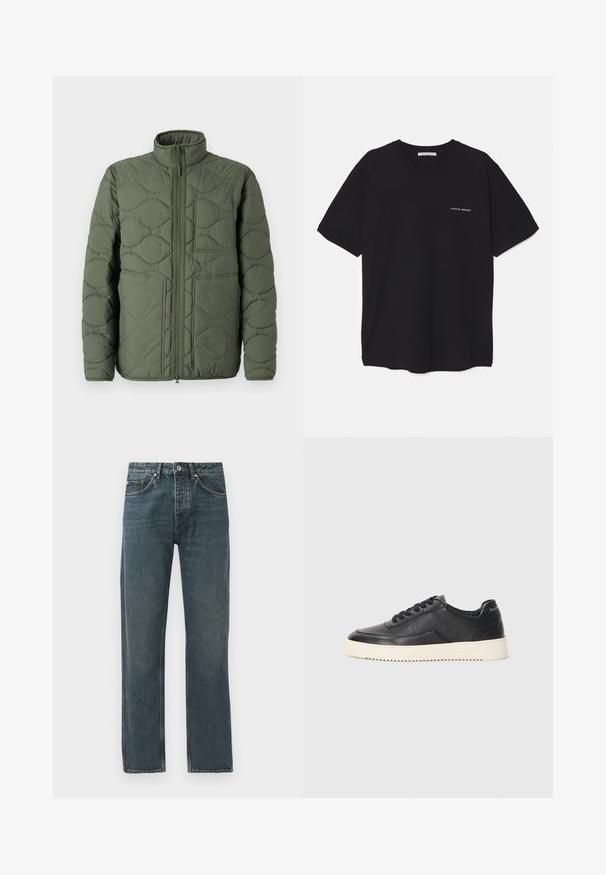 Olive green puffer jacket with a high collar, quilted texture, front zip closure, and two large angled pockets.; Black cotton T-shirt with a crew neck, short sleeves, and a white logo print on the left chest. Simple, solid color design.; Dark blue denim jeans with a straight leg design, featuring five pockets, a button closure, and contrasting stitching details.; Black leather sneaker with textured finish, round toe, and flat white rubber sole. Features black laces and branding on the heel.