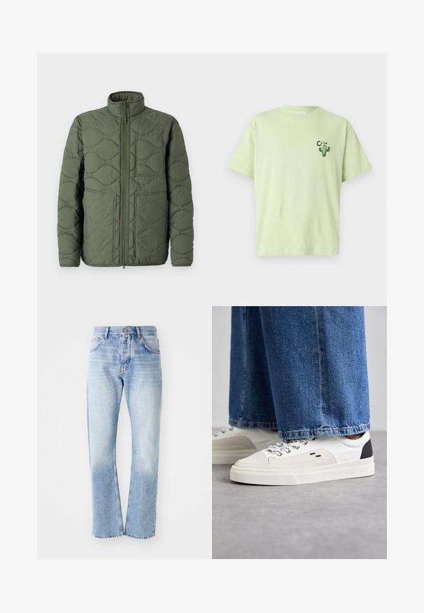 Olive green puffer jacket with a high collar, quilted texture, front zip closure, and two large angled pockets.; Light green t-shirt made of cotton, featuring short sleeves and a cactus graphic with the word "CLOSED" in black near the left chest.; Light blue denim jeans with a straight-leg cut. Features a five-pocket design, button fly, and faded texture towards the bottom.; White and black sneakers with a smooth leather upper, textured accents, and a chunky white sole. Features a classic lace-up design.