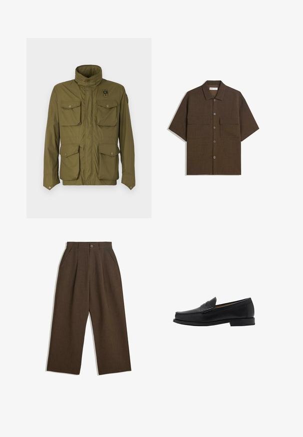 Jachetă oliv cu guler înalt, patru buzunare frontale și închidere cu capse. Fabricată dintr-un material ușor, texturat.; Cămașă cu mâneci scurte, de culoare maro închis, fabricată dintr-un material texturat. Prezintă un sistem de închidere cu nasturi în față și două buzunare pe piept. Design casual, cu o croială lejeră.; Pantaloni plisati maro cu un design cu picioare largi, prevazuti cu inchidere cu nasture si buzunare laterale, realizati dintr-un material texturat, potriviti pentru purtarea casual.; Mango Pantofi slip-on eleganți - black