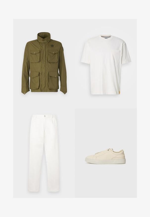 Olive green jacket with a high collar, four front pockets, and snap-button closures. Made from lightweight, textured fabric.; White cotton t-shirt with a round neck, short sleeves, and a left chest pocket. Features a small logo tag on the side seam.; White trousers made from smooth fabric, featuring a straight leg design, front pleats, and a single button closure at the waist.; Beige leather sneaker with a rounded toe, minimalistic design, subtle stitching details, and a textured upper, on a light sole.