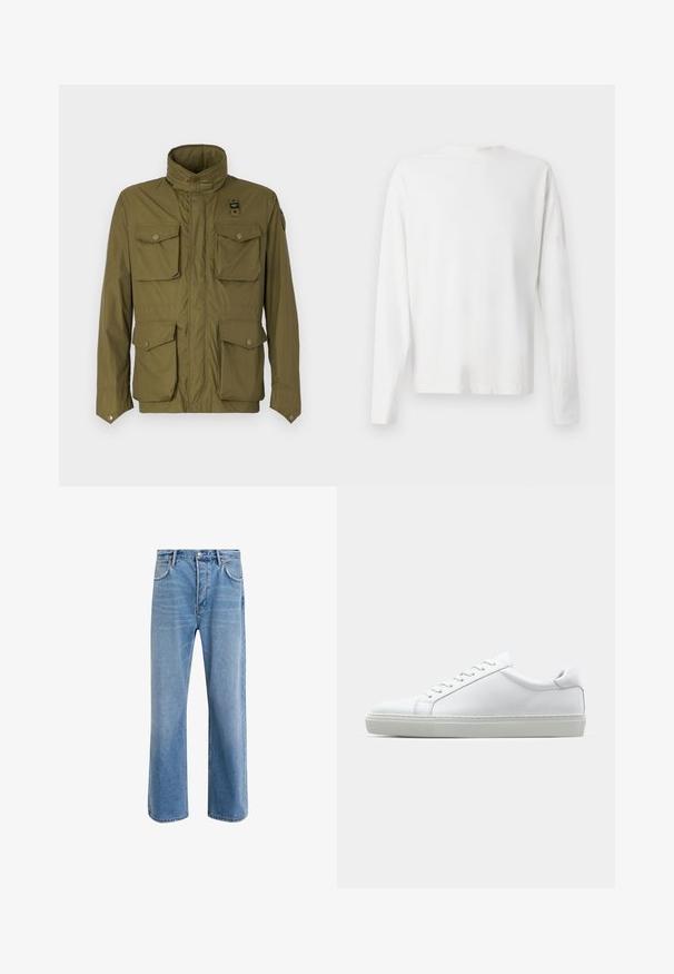 Olivenfarget jakke med høy krage, fire frontlommer og trykknapplukking. Laget av lett, strukturt stoff.; Langermet hvit bomullsskjorte med rund hals, sidespalter nederst og en jevn tekstur, vist fra baksiden.; Lys blå denimjeans med rett ben-design, fem lommer, knappeåpning, minimal falming og kontrasterende sømdetaljer.; Hvit sneakers med en glatt skinnoverdel og lav profil. Har en rund tå, seks snøring hull, og en teksturert gummisåle.