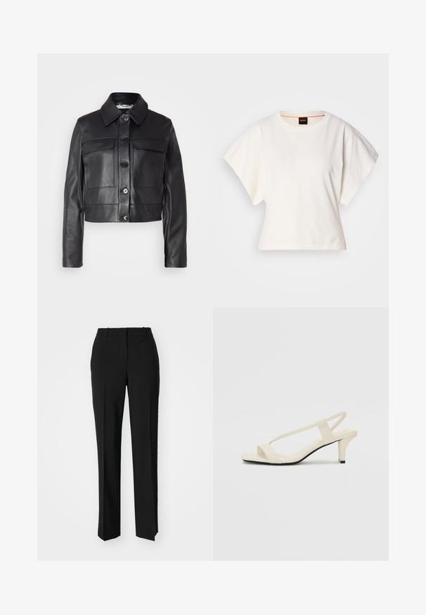 BOSS SADENIA - Skinnjacka - black; Vit kortärmad T-shirt, korta vida ärmar, mjukt bomullsmaterial, rund halsringning med subtila orange detaljer, minimal design, inga mönster eller grafik.; Svarta skräddarsydda byxor med rak benform, med en slät yta och skarpa veck fram. Ingen synlig hårdvara.; Beige blockklackade sandaler med tunna remmar och fyrkantig tå. Slätt material med minimal detaljering, utformade för enkel användning.