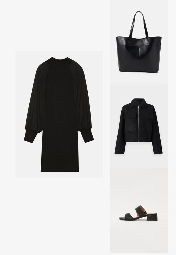 Veste noire cropped en tissu texturé, avec une fermeture éclair, un col et deux poches avant. Design simple sans motifs.; Robe noire en tissu côtelé avec des manches bouffantes et un col haut. La silhouette est droite et s'arrête au genou.; Sandale en cuir noir avec deux larges bandes traversant le pied, un bout carré et un petit talon carré. Texture lisse et design minimal.; Sac fourre-tout en cuir noir avec deux longues poignées, une texture lisse et une forme structurée. Dispose d'une poche avant pour un rangement supplémentaire.