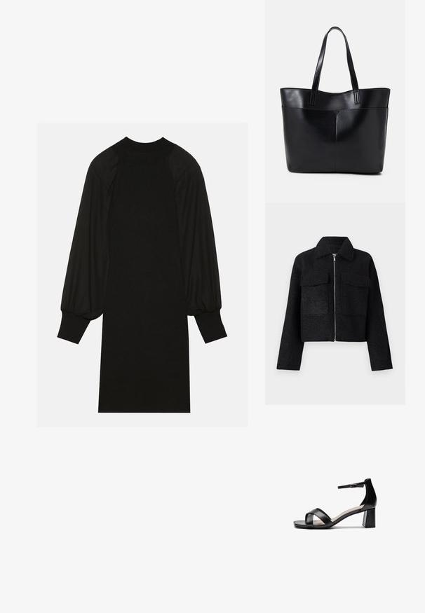 Giacca nera cropped realizzata in tessuto testurizzato, con chiusura a zip, colletto e due tasche frontali. Design semplice senza pattern.; Vestito nero caratterizzato da un tessuto a coste con maniche a palloncino e scollatura alta. La silhouette è dritta e arriva fino al ginocchio.; Sandalo con tacco aperto nero, con cinturini incrociati, fibbia regolabile alla caviglia e tacco spesso, con una texture in pelle liscia.; Borsa a tracolla in pelle nera con due manici lunghi, una texture liscia e una forma strutturata. Presenta una tasca frontale per ulteriore spazio di archiviazione.