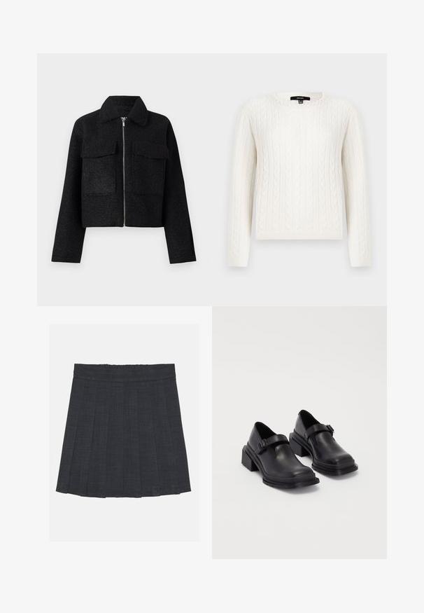 Schwarze, gekürzte Jacke aus strukturiertem Stoff mit einem Reißverschluss, Kragen und zwei vorderen Taschen. Einfaches Design ohne Muster.; Weißer Strickpullover mit Kabelmuster, langen Ärmeln, rundem Halsausschnitt und einem dekorativen Perlenakzent am Kragen. Weicher Stoff und taillierte Passform.; Dunkelgrauer, plissierter Rock mit elastischem Bund, aus einem strukturierten Stoff und in klassischer A-Linie. Geeignet für die Freizeit.; Schwarze Lederhalbschuhe mit runder Zehenpartie, flacher Sohle und einem Riemen mit Schnallen-Detail. Robuster Blockabsatz für zusätzliche Stabilität.