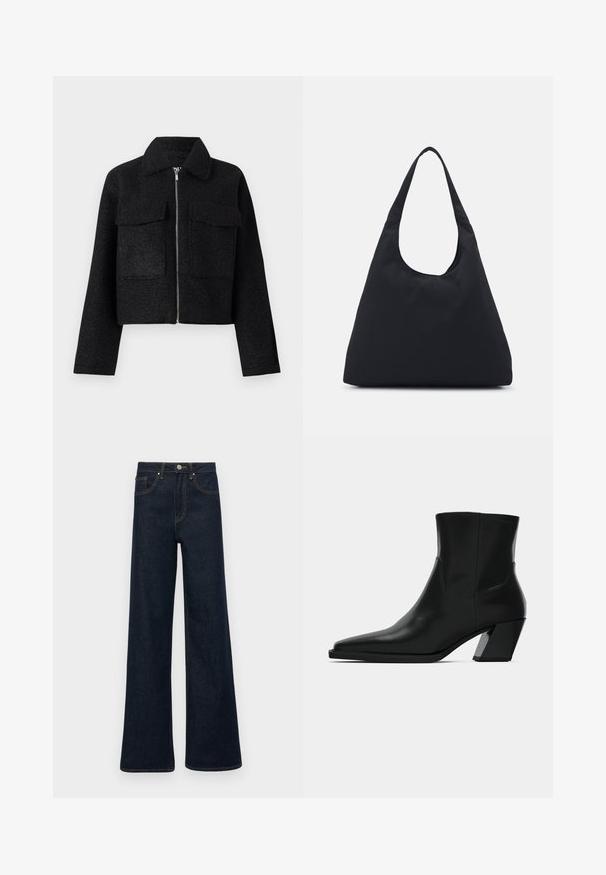 Veste noire cropped en tissu texturé, avec une fermeture éclair, un col et deux poches avant. Design simple sans motifs.; Pull à col roulé en maille blanche, avec une coupe courte, doté de poignets et d'un ourlet côtelés. Texture douce avec un design épais et confortable.; Jean en denim large de couleur bleu foncé avec des poches avant, des passants de ceinture et une fermeture à bouton.; Bottine en cuir noir avec un bout pointu, une silhouette élégante et un talon carré massif. Texture lisse avec des détails de couture minimalistes.; Sac en tissu noir avec une seule sangle large pour l'épaule. Forme douce et semi-structurée, texture lisse ; design minimal, sans matériel visible.