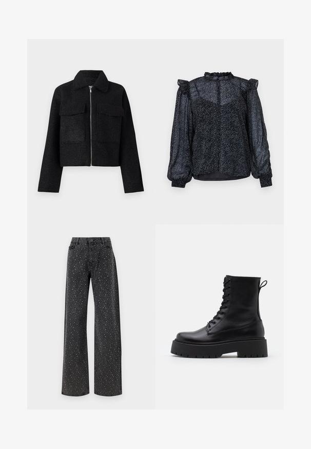 Giacca nera cropped realizzata in tessuto testurizzato, con chiusura a zip, colletto e due tasche frontali. Design semplice senza pattern.; Blusa nera con motivo a macchie, materiale trasparente, maniche a sbuffo e scollo arricciato con chiusura a bottone sul retro.; Noisy May NMJANNEL LOOSE - Jeans baggy - black denim; Stivaletti in pelle nera alla caviglia con punta rotonda, lace-up frontale e suola in gomma spessa con battistrada textured. Tassello sul retro.