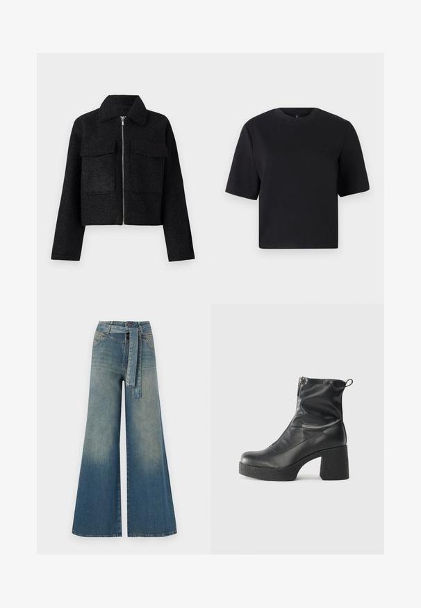 Černá zkrácená bunda vyrobená z texturované tkaniny, se zipovým zapínáním, límcem a dvěma předními kapsami. Jednoduchý design bez vzorů.; Černé tričko s krátkým rukávem, kulatým výstřihem, vyrobené z hladké bavlněné tkaniny; volný střih, minimalistický design, žádné viditelné vzory nebo akcenty.; Džínové kalhoty širokého střihu s přechodem od světlé k tmavě modré, vysokým pasem, poutky na opasek a odpovídajícím opaskem ze stejného materiálu. Texturovaná džínovina.; Černé kotníkové boty vyrobené z hladké kůže, s bočním zipem, robustním strukturovaným podpatkem a kulatou špičkou.