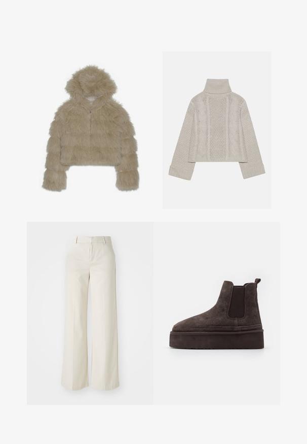 Beige faux fur cropped jakke med hætte, der har en struktureret, shaggy overflade og en frontlynlås. Polstret blokdesign.; Afskåret, lysegrå striktrøje med højt krave og ribbede manchetter, prydet med teksturerede kabelmønstre ned ad ryggen og siderne.; Bredde ben-bukser i en lys beige farve, lavet af et glat stof. Har en klassisk talje og flad front med rene linjer.; Brune ruskinds Chelsea støvler med elastiske sidepaneler og en tyk, struktureret platåsål. Har en strop bagpå til nem påtagning.