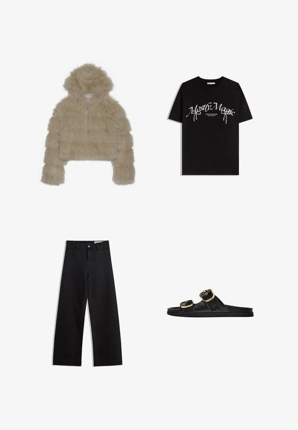 Beige faux fur cropped jacket with a hood, featuring a textured, shaggy exterior and a front zipper. Padded block design.; Black cotton t-shirt featuring "Mostly Magic" text in white, adorned with decorative pearl accents. Short sleeves, relaxed fit, crew neck.; Black wide-leg denim pants with a high waist, featuring front and back pockets, stitched seams, and a button closure. Smooth texture.; Black slide sandal with two gold buckle accents, smooth textured material, flat sole, and a minimalist design.