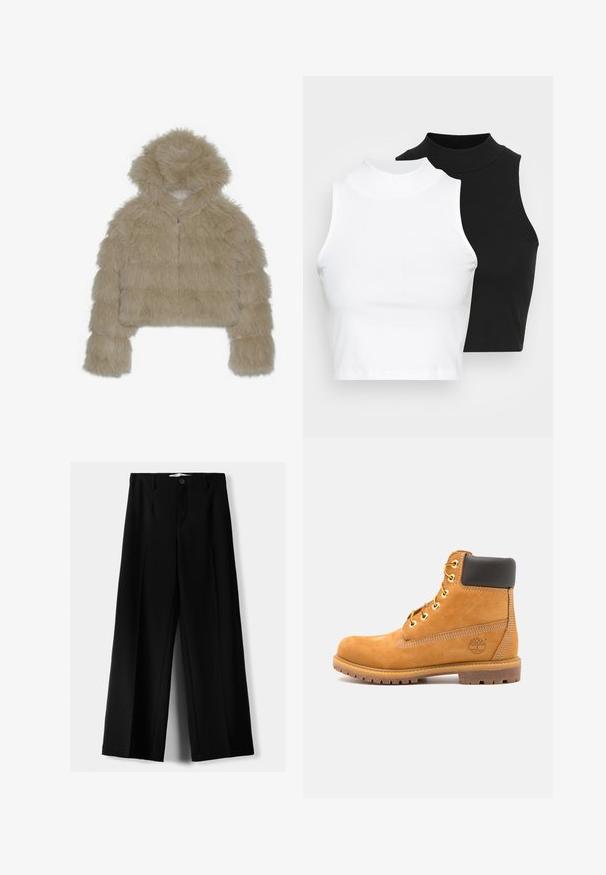 Beżowa kurtka z sztucznego futra, krótka, z kapturem, z fakturowanym, puszystym materiałem na zewnątrz oraz z przodem na zamek błyskawiczny. Wypełniona blokowa konstrukcja.; Dwa bezrękawnikowe golfy w kolorze czarnym i białym, charakteryzujące się dopasowanym fasonem i gładką teksturą, o skróconej długości.; Czarne spodnie szerokie, wykonane z lekkiego materiału, z zapięciem na guzik z przodu i gładkim przodem, z starannie wykończonymi brzegami.; Brązowy skórzany botek za kostkę z czarnym wykończeniem, złotymi oczkami i teksturowaną podeszwą. Posiada okrągłe logo z boku oraz akcenty w postaci przeszyć.