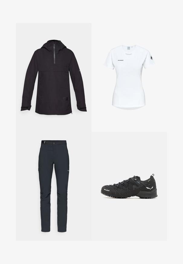 Schwarze, leichte Jacke mit einem Halb-Reißverschluss vorne, Kapuze und elastischen Bündchen. Sie verfügt über eine Vordertasche und einen strukturierten Stoff. Minimalistisches Design.; Kurzärmliges weißes Sportshirt mit Rundhalsausschnitt, das ein Logo auf der Brust und eine glatte, leichte Stofftextur aufweist.; Herren Outdoor-Hosen, dunkelgrau, aus flexiblem Material, mit einem Gürtel, Reißverschlusstaschen und verstärkten Nähten.; Schwarze Wanderschuhe mit einem strukturierten Obermaterial aus Stoff, Schnürsystem und robuster Gummisohle. Akzentuiert mit reflektierenden Details und Logos.