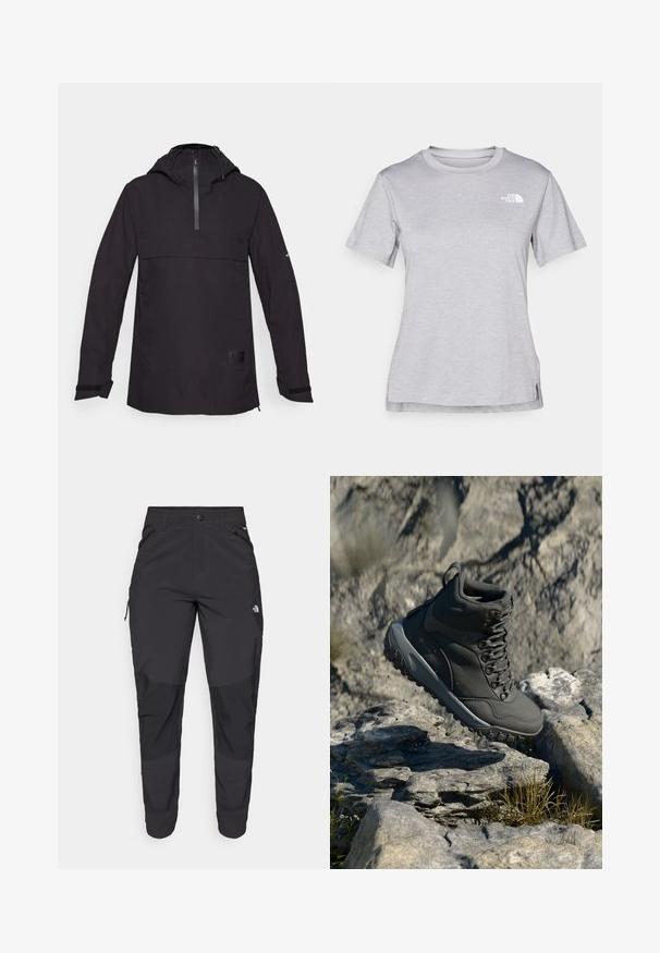 Melns viegls jaka ar pusi rāvējslēdzēju priekšpusē, kapuci un elastīgām piedurknēm. Iespējama priekšējā kabata un teksturēta auduma struktūra. Minimalistisks dizains.; Pelēks īsām piedurknēm T-krekls, kas izgatavots no mīksta, mitrumu noturoša auduma. Tam ir apaļš kakls un neliels balts logo kreisajā augšējā stūrī.; Melnas āra bikses, kas izgatavotas no izturīgas auduma. Tām ir kabatas ar rāvējslēdzējiem, pastiprināti ceļu paneļi un taisna griezuma dizains, kas nodrošina kustību brīvību.; Tumši pelēki pārgājienu zābaki, kas izgatavoti no sintētiskā materiāla, ar mīkstu apkakli, metāla acsļi un teksturētu gumijas zoli labākai saķerei.