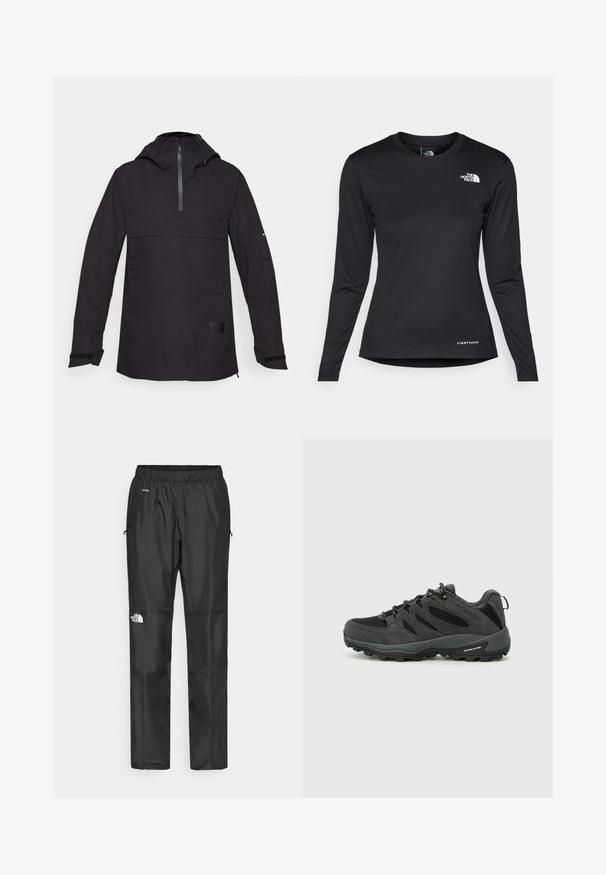 Melns viegls jaka ar pusi rāvējslēdzēju priekšpusē, kapuci un elastīgām piedurknēm. Iespējama priekšējā kabata un teksturēta auduma struktūra. Minimalistisks dizains.; The North Face SHADOW LONG SLEEVE - Tops ar garām piedurknēm - black; Melnas ūdensnecaurlaidīgas bikses, kas izgatavotas no viegla materiāla, ar elastīgu jostu, sānu kabatām un logotipu uz kreisās kājas.; Columbia REDMOND - Pārgājienu apavi - black/citron haze