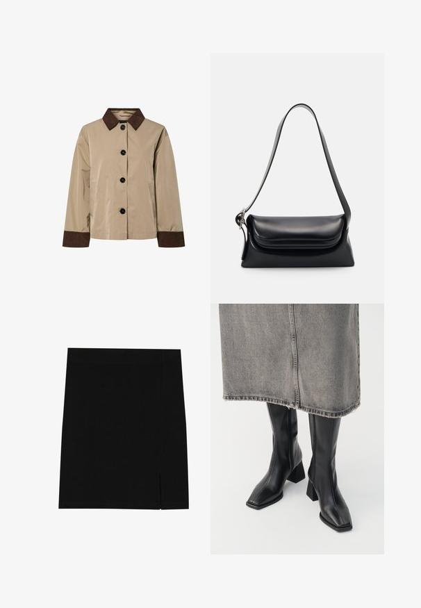 Beżowa kurtka z ciemno-brązowym kołnierzem i mankietami z materiału sztruksowego, z zapięciem na guziki z przodu oraz kieszeniami bocznymi.; Oliwkowy dzianinowy sweter z okrągłym dekoltem, długimi rękawami i ribbowym wykończeniem. Charakteryzuje się skróconym fasonem i miękkim, teksturowanym wykończeniem.; Czarna mini spódnica z miękkiego materiału, o dopasowanym kroju, z delikatnym rozcięciem po boku dla dodatkowego akcentu.; Czarne kozaki za kolano z gładkiej skóry, o kwadratowym nosku i słupkowym obcasie. Noszone z szarym dżinsowym mini spódnicą z postrzępionym dołem.; Czarna skórzana torebka o zorganizowanym kształcie, gładkiej fakturze i pojedynczym pasku na ramię. Posiada subtelną, zaokrągloną klapkę.
