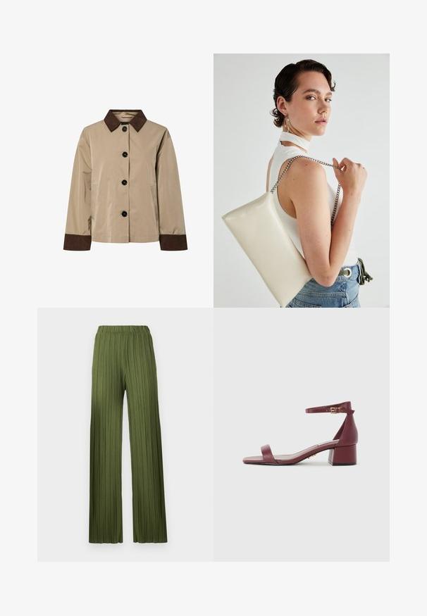 Bežinė striukė su tamsiai ruda kordūroje apykakle ir rankovėmis, priekyje mygtukų užsegimas ir šoniniai kišeniai.; Balta trumpa marškinėlių versija su trumpomis pūstomis rankovėmis, apvali iškirptė ir susiraukšlėjęs apatinis kraštas, pagaminta iš švelnios medvilnės medžiagos.; Žalios plisuotos plačios kojinės kelnės su elastinga juosta. Textūruotas audinys turi vertikalias juosteles, suteikiančias plazdėjimo efektą.; Burgundi odinė šlepetė su kvadratiniu pirštu, plona kulkšnies juosta, auksiniais akcentais ir stambiu blokiniu kulnu. Lygus paviršius ir minimalistinis dizainas.; Balta, stačiakampio formos rankinė pagaminta iš blizgaus medžiagos, su sidabriniu virvute. Modelis pozavo, demonstruodamas rankinę prieš paprastą foną.