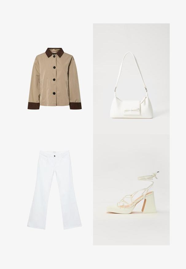 Bež jakna z temno rjavimi kordnimi ovratnikom in manšetami, sprednje zapenjanje na gumb in stranska žepa.; Bela majica s kratkimi rokavi in okroglim ovratnikom, izdelana iz mehke bombažne tkanine, ki ima preprost, čist dizajn brez vidnih vzorcev ali poudarkov.; Bele, razširjene kavbojke iz denima, s flat sprednjo stranjo in izrazitim šivanjem, dvema sprednjima žepoma in enim črnim gumbom na pasu.; Bela sandala na visokih petah s debelim petam, ki ima obliko trakcev in vezanje okoli gležnja. Gladka tekstura z platformo spredaj za dodatno višino.; Bela sintetična torbica v obliki trikotnika, z ravnim sprednjim poklopcem in detajlom mašne, nastavljivim trakom, gladko teksturo in minimalističnim dizajnom.