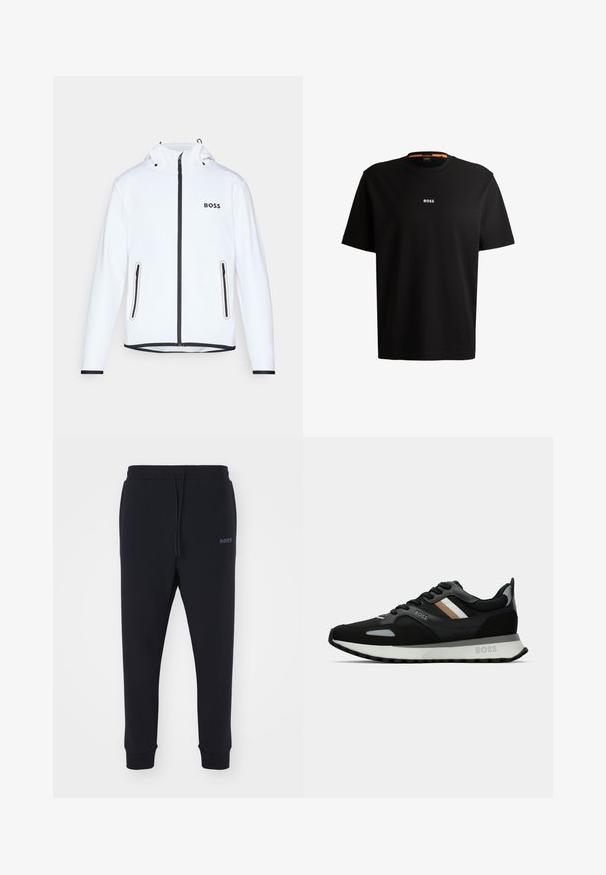 Bijela jakna s kapuljačom, crni zatvarač i detalji, dva bočna džepa sa zatvaračem i "BOSS" logo na prsima. Glatka, lagana tkanina.; Crna pamučna majica s okruglim izrezom, kratkim rukavima i bijelim logotipom "BOSS" na sredini prsnog dijela. Glatka tekstura, ležeran kroj.; Crne trenerke napravljene od mekog materijala s elastičnim pojasom, vezicom i suženim nogavicama. Imaju mali logo sa strane.; Crne trkačke tenisice s teksturiranom površinom, svijetlosivim akcentima i tri horizontalne pruge u smeđoj boji. Imaju bijelu podstavljenu potplat.