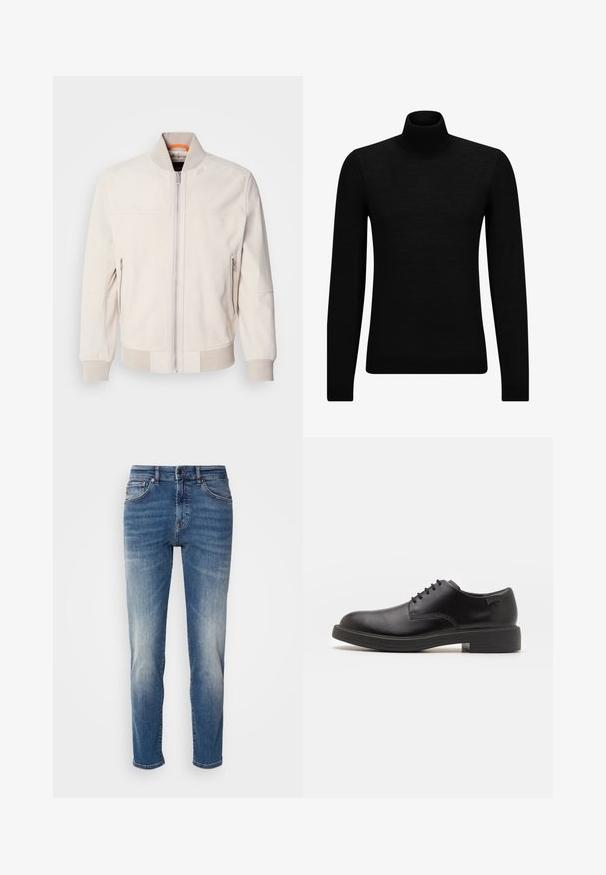 Šviesiai bežinė odinė striukė su statiniu pasirinkimu, priekyje užtrauktukas ir dvi užtrauktuku uždaromos šoninės kišenės. Guma prie rankovių ir apačios suteikia tekstūrą.; Juodas aukšto kaklo megztinis, pagamintas iš minkštos medžiagos, su ilgomis rankovėmis ir prigludusia forma. Su raukiniais apačioje ir rankogaliuose. Paprastas dizainas.; Mėlyni džinsai su tiesiu kirpimu, šviesiu nusidėvėjimu, klasikinė penkių kišenių stiliumi ir užtrauktuku su sagute.; Juodas odinis batų modelis su raišteliais, apvaliu nosiu, lygiu paviršiumi, minimaliai siuvinėjimu ir žemu guminėmis pakulne. Ant pakulnės šalia logo.