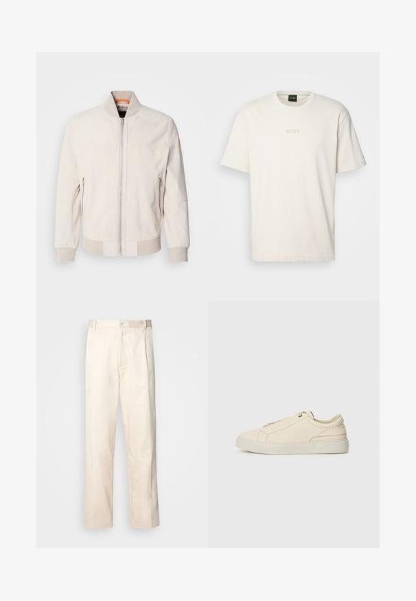 Jaqueta de couro bege claro com colarinho alto, fecho frontal com zíper e dois bolsos laterais com zíper. Punhos e barra com textura canelada.; BOSS TEE - T-shirt básica - open white; Calças de algodão bege com corte reto, apresentando um fecho de botão e pregas na frente para um detalhe adicional.; Sneakers de pele bege com biqueira arredondada, design minimalista, detalhes de costura subtis e parte superior texturizada, em sola clara.