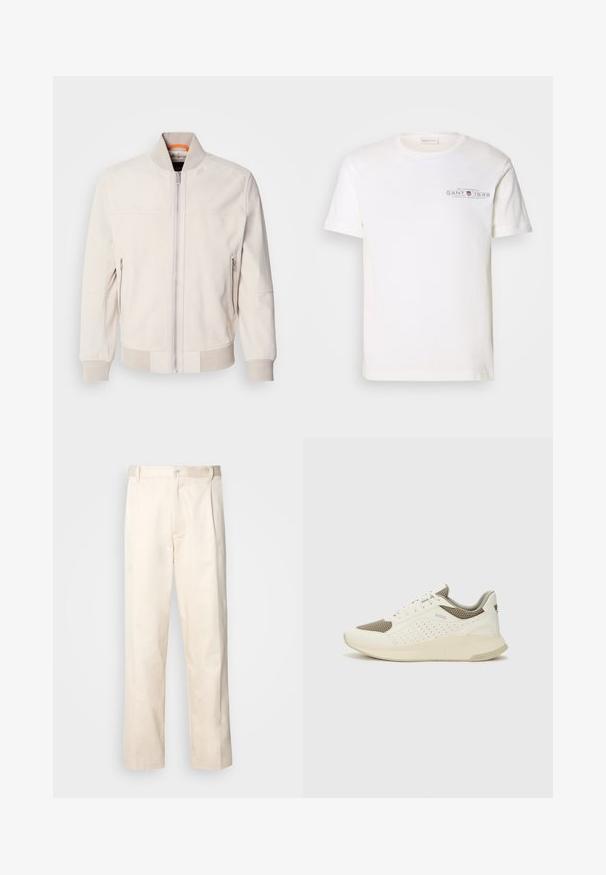 Jaqueta de couro bege claro com colarinho alto, fecho frontal com zíper e dois bolsos laterais com zíper. Punhos e barra com textura canelada.; T-shirt de algodão branco com decote redondo, mangas curtas e logotipo impresso. Apresenta um design minimalista e um corte relaxado.; Calças de algodão bege com corte reto, apresentando um fecho de botão e pregas na frente para um detalhe adicional.; Sapatilha atlética branca e bege claro, com parte superior em malha, detalhes perfurados e uma entressola texturizada com marcação no calcanhar.