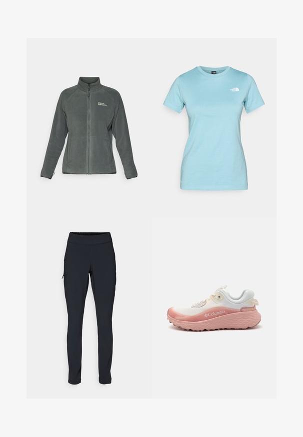 Jack Wolfskin MOONRISE - Fleece jacket - slate green; Light blue cotton t-shirt with short sleeves and a crew neck; features a small white logo on the upper left chest area.; Black athletic pants with a slim fit, elastic waistband, and a side pocket featuring a zipper. Smooth, stretchy fabric with minimal seams.; Columbia women's running shoe, featuring a white textile upper with pink rubber sole, textured accents, and a logo on the side.