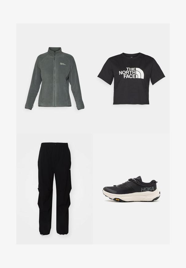 Jack Wolfskin MOONRISE - Giacca in pile - slate green; Maglietta nera corta in cotone, con un logo bianco con accenti curvi e testo "THE NORTH FACE" sul davanti. Maniche corte, colletto alla marinara.; Pantaloni neri da esterno realizzati in materiale resistente, con vestibilità rilassata, cintura elastica e polsini regolabili per lunghezza adattabile.; Scarpe da ginnastica nere con tomaia in mesh traspirante, suola in gomma, intersuola bianca ammortizzante e lacci riflettenti. Logo Vibram sulla suola.