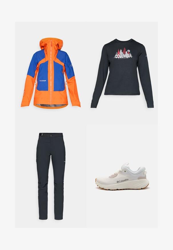 Waterproof outdoor jacket in orange and blue, featuring a high collar, zip closure, multiple pockets, and elastic cuffs for a secure fit.; Long-sleeve dark gray shirt with a graphic of red trees and mountains; "COLUMBIA" logo in bold white text. Soft fabric, standard crew neck.; Men's outdoor pants, dark gray, made from flexible material, featuring a belt, zippered pockets, and reinforced stitching.; Lightweight Columbia athletic shoe in white mesh with a textured gray sole and rubber traction. Features a padded collar and lace-up design.