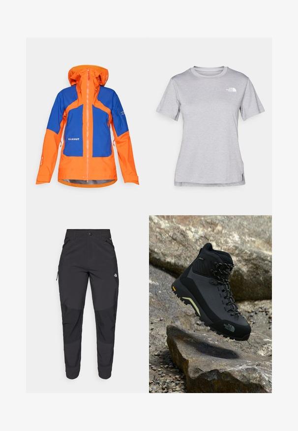 Vodootporna vanjska jakna u narančastoj i plavoj boji, sa visokim ovratnikom, zatvaranjem na zip, višestrukim džepovima i elastičnim manžetama za sigurno prianjanje.; Siva kratka majica s kratkim rukavima izrađena od mekog, tkanog materijala koji upija vlagu. Ima okruglu izrez i mali bijeli logo na gornjem lijevom dijelu.; Crne vanjske hlače izrađene od izdržljivog materijala. Imaju džepove sa zatvaračem, ojačane paneli na koljenima i ravni kroj za slobodu pokreta.; Crni planinarski čizme s teksturiranim gornjim dijelom i ojačanim prstima. Ima potplat Vibram, kontrastne naglaske i dugotrajne vezice.