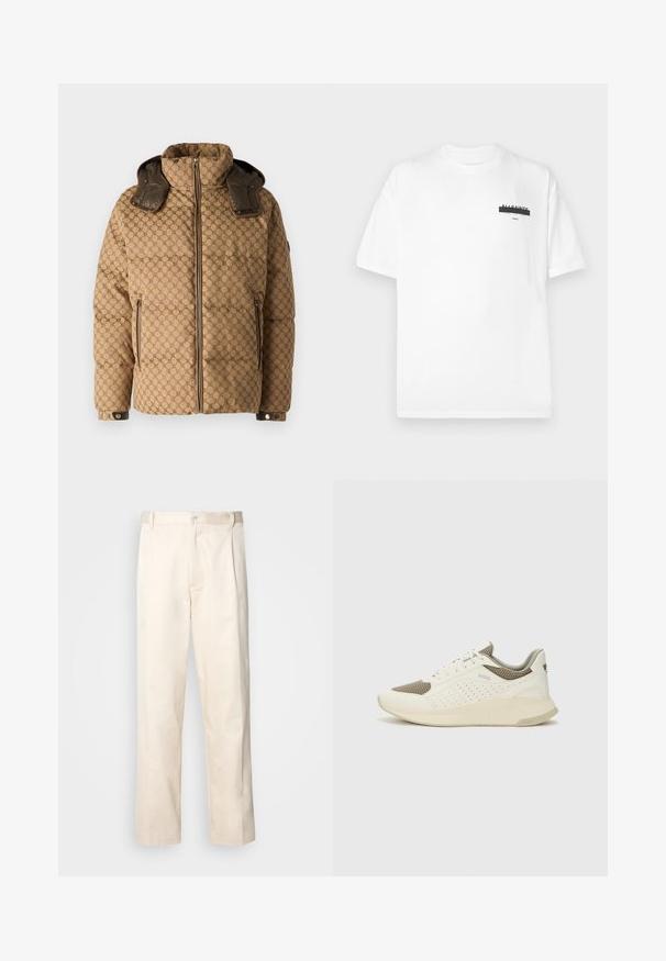 JOOP! AMBRO - Žieminė striukė - open brown; Balta medvilnės marškinėliai su apvaliu kaklu, trumpomis rankovėmis ir minimalistine juoda grafika, spausdinta ant krūtinės. Minkšta tekstūra ir standartinė prigludimo forma.; Bežinės medvilninės kelnės su tiesiu kirpimu, turinčios mygtuko uždarymą ir priekyje raukšles papildomai dekoratyviam akcentui.; Baltas ir šviesiai bežinis sportinis kedas, su tinklo viršumi, perforuotais detalėmis ir tekstūruotu tarpine su logotipu ant kulno.