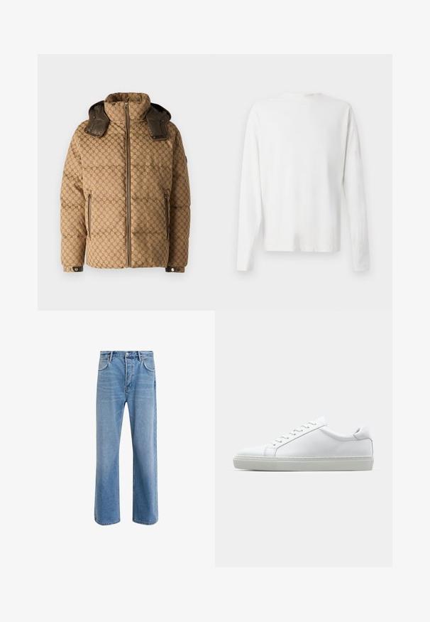 JOOP! AMBRO - Jachetă de iarnă - open brown; Cămașă albă din bumbac cu mâneci lungi, decolteu rotund, fante pe laterale la baza, cu o textură netedă, expusă din spate.; Jeans din denim bleu deschis cu un design drept, cinci buzunare, închidere cu buton, decolorare minimă și detalii de cusătură în contrast.; Adidași albi cu o suprafață din piele netedă și un profil jos. Au un vârf rotunjit, șase orificii pentru șireturi și o talpă din cauciuc texturată.