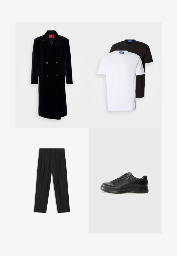 Musta samettinen kaksirivinen takki, jossa on lovetut kaulukset, pitkät hihat, kaksi etutaskua ja kirkkaan punainen sisätunnus.; Kaksi T-paitaa pinottuna: yksi valkoinen ja yksi musta. Lyhyet hihat, pyöreät kaula-aukot, puuvillakangasta. Kaula-aukossa pieni sininen logo.; Mustat housut, joissa on poimutettu muotoilu, leveä lahjetyyppi ja sileä pinta. Varustettu punaisella vyötärötagilla.; Musta nahkakengät, joissa on teksturoidun pinnan, pehmustettu kaulus ja punainen logo. Kengissä on paksu kumipohja, jossa on selkeä uramalli.
