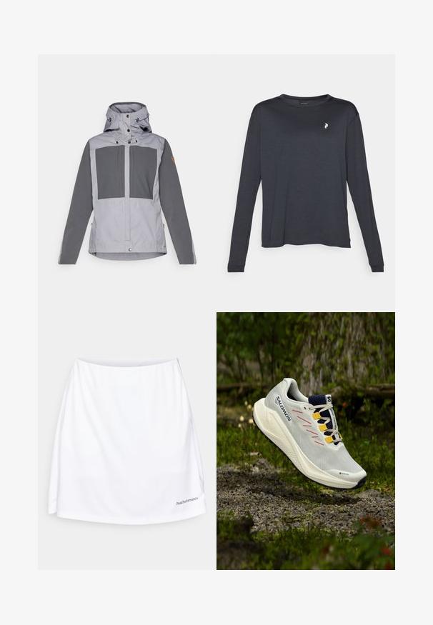 Fjällräven KEB szary; Czarna, długosleeve'owa koszulka z teksturowanej tkaniny, z okrągłym dekoltem i małym białym logo na lewej piersi.; Biała sportowa spódnica o gładkiej fakturze, z szerokim pasem i logo w dolnym prawym rogu. Charakteryzuje się luźnym krojem dla większego komfortu.; Białe buty do biegania z szarymi i różowymi akcentami, brandingiem GORE-TEX, siateczkową cholewką i teksturowaną podeszwą, zaprojektowane do użytku na zewnątrz.