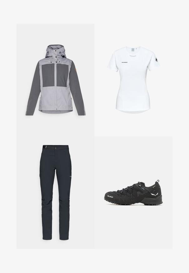 Fjällräven KEB JACKET W - Blouson - flint grey/basalt; T-shirt de sport à manches courtes, blanc, avec un col rond, arborant un logo sur la poitrine et une texture de tissu lisse et léger.; Pantalons de plein air pour hommes, gris foncé, fabriqués en matériau flexible, dotés d'une ceinture, de poches zippées et de coutures renforcées.; Chaussures de randonnée noires avec une tige en tissu texturé, un système de laçage et une semelle en caoutchouc robuste. Agrémentées de détails réfléchissants et de logos.