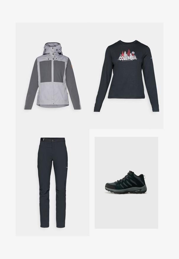 Fjällräven KEB JACKET W - Jakna za nošenje na otvorenom - flint grey/basalt; Majica dugih rukava tamnosive boje s grafikom crvenih drveća i planina; logo "COLUMBIA" u podebljanom bijelom tekstu. Mekana tkanina, standardni okrugli izrez.; Muške outdoor hlače, tamno sive boje, izrađene od fleksibilnog materijala, s remenom, džepovima na patentni zatvarač i ojačanim šavovima.; Columbia REDMOND - Obuća za pješačenje - black/citron haze