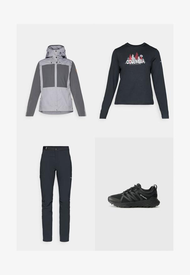 Fjällräven KEB JACKET W - Outdoorová bunda - flint grey/basalt; Dlhý rukáv, tmavošedá košeľa s grafikou červených stromov a hôr; logo "COLUMBIA" v tučnom bielom texte. Mäkká tkanina, štandardný okrúhly výstrih.; Pánske outdoorové nohavice, tmavo šedé, vyrobené z flexibilného materiálu, s opaskom, so zipsovými vreckami a vystuženým šitím.; Columbia PEAKFREAK - Turistické topánky - black