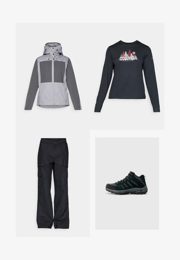 Fjällräven KEB JACKET W - Outdoorjakke - flint grey/basalt; Langermet mørkegrå skjorte med grafikk av røde trær og fjell; "COLUMBIA" logo i fet hvit tekst. Mykt stoff, standard rund hals.; Columbia BREA FALLS™ COTTON RIPSTOP PANT - Friluftsbukser - black; Columbia REDMOND - Fjellsko - black/citron haze