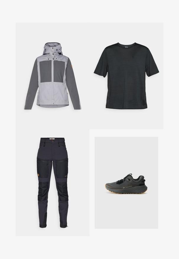 Fjällräven KEB JACKET W - Blouson - flint grey/basalt; T-shirt de sport noir à manches courtes en tissu léger et respirant. Il dispose d'un col rond et d'un petit logo sur la poitrine.; Pantalons gris foncé avec des patches renforcés noirs. Les caractéristiques incluent des poches zippées, un design ajusté et une texture de tissu durable.; Columbia TERRASTRIDE CRZ - Chaussures de marche - shark/black