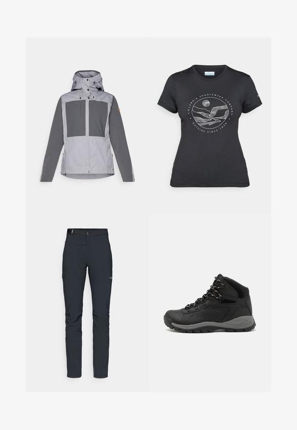 Fjällräven KEB JACKET W - Outdoor jacket - flint grey/basalt; Black Columbia t-shirt with white circular mountain and river line art and text "Columbia Sportswear Company Outside Since 1938."; Men's outdoor pants, dark gray, made from flexible material, featuring a belt, zippered pockets, and reinforced stitching.; Black hiking boot with a mid-top design, featuring a textured upper, gray accents, and durable rubber sole with traction lugs.