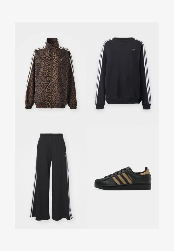 Svetřík se zebrovaným potiskem v hnědé a černé barvě, s bílými postranními pruhy, vysokým límcem a elastickými manžetami a lemem. Hladký syntetický materiál.; Černá mikina s dlouhými rukávy, bílými pruhy po celé délce každého rukávu a malým šedým logem na hrudi. Vyrobená z bavlněného materiálu, volný střih.; Černé pohodlné tepláky širokého střihu s elastickým pasem, na boční straně s bílými pruhy a vyšitým logem na levé stehně.; Černá kožená teniska se třemi hnědými pruhy, texturovanou gumovou špičkou, šněrováním na přední straně a plochou černou podrážkou. Obsahuje decentní logo na patě.