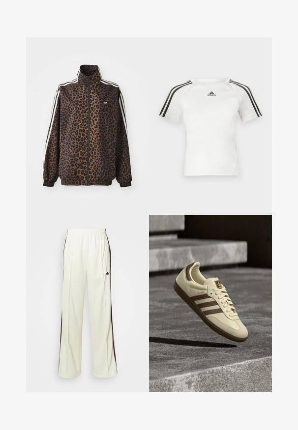 Jakna s uzorkom leoparda u smeđoj i crnoj boji, s bijelim bočnim trakama, visokim okovratnikom i elastičnim manžetama i rubom. Glatki, sintetički materijal.; Bijela atletska majica kratkih rukava s crnim trostrukim dizajnom na ramenima, glatke teksture i malim crnim adidas logom na prsima.; Kremaste trenerke s opuštenim krojem, s tamno smešnim bočnim prugama i izvezenim logom na levom bedru.; Tenisica krem boje sa smeđim detaljima, teksturiranim bočnim prugama i glatkom kožnom završnom obradom. Ima pertlanje i gumeni potplat.
