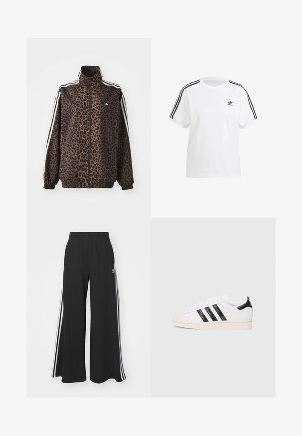Casaco com padrão de leopardo em castanho e preto, apresentando riscas brancas nas laterais, gola alta e punhos e bainha elásticos. Material sintético suave.; T-shirt de algodão branca com mangas curtas, gola redonda e riscas verticais pretas nos ombros, com um pequeno logótipo preto no peito.; Calças de suor largas e pretas com uma cintura elástica, apresentando riscas brancas nas laterais e um logótipo bordado na coxa esquerda.; Sapatilha branca com riscas e detalhes texturizados pretos; apresenta uma biqueira de borracha, atacadores planos e acolchoado à volta do tornozelo.