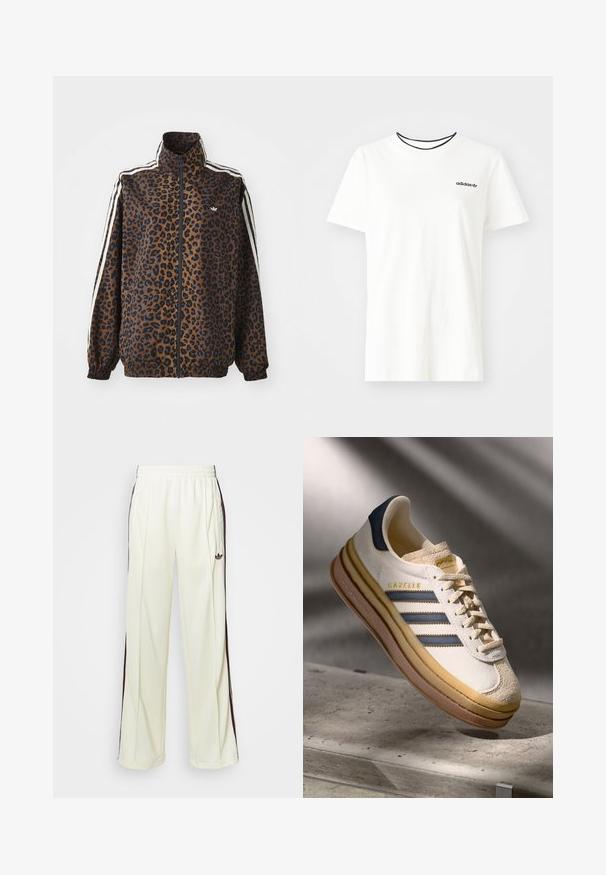 Lepardmønstret zip-jakke i brun og sort, med hvide sidelister, høj krave og elastiske manchetter og kant. Glat, syntetisk materiale.; Hvit bomull t-skjorte med korte ermer og rund hals. Har en svart Adidas-logo på brystet og en kontrasterende svart indre krage.; Kremfargede joggebukser med en avslappet passform, som har mørkebrune sidestriper og en brodert logo på venstre lår.; Adidas Gazelle sneakers med en kremfarget semsket overdel, blå lærdetaljer, tre blå striper, beige mellomsåle og brun gummi yttersåle.
