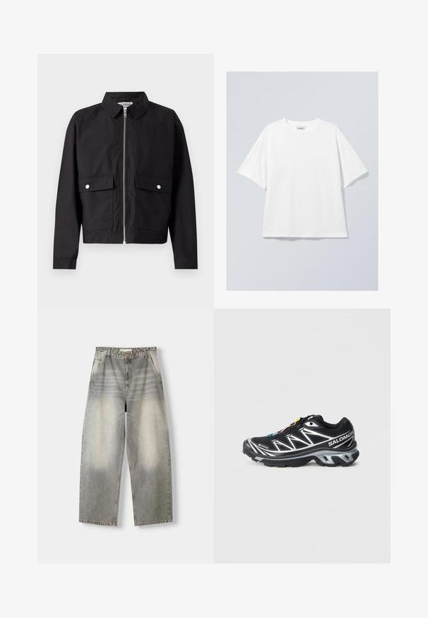 Giubbotto nero con zip frontale, colletto corto e due tasche anteriori. Il tessuto sembra liscio e resistente all'acqua. Design semplice, senza motivi.; T-shirt bianco in cotone con scollo rotondo e maniche corte. Vestibilità comoda senza motivi o dettagli visibili. Texture morbida.; Jeans a gamba larga in un lavaggio grigio chiaro. Presentano una finitura sbiadita, cinque tasche e una chiusura con bottone. Il materiale è denim morbido.; Scarpa da corsa nera con accenti argento, materiale GORE-TEX, suola testurizzata e lacci colorati. Presenta un tallone imbottito per supporto.