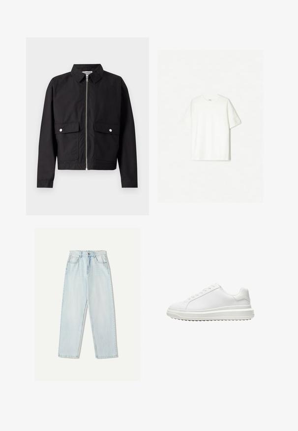 Jachetă neagră cu fermoar în față, guler scurt și două buzunare frontale. Materialul pare neted și rezistent la apă. Design simplu, fără modele.; Tricou alb cu mânecă scurtă, made din bumbac moale. Design cu gât rotund, cu o croială lejeră și fără logo-uri sau modele vizibile.; Blugi din denim de culoare albastru deschis, cu o croială relaxată, design cu picior drept, stilizare cu cinci buzunare și decolorare subtilă pe material.; Adidași albi cu un upper sintetic neted, vârf rotund, șireturi plate, talpă texturată și un design pe straturi, oferind un plus de înălțime.