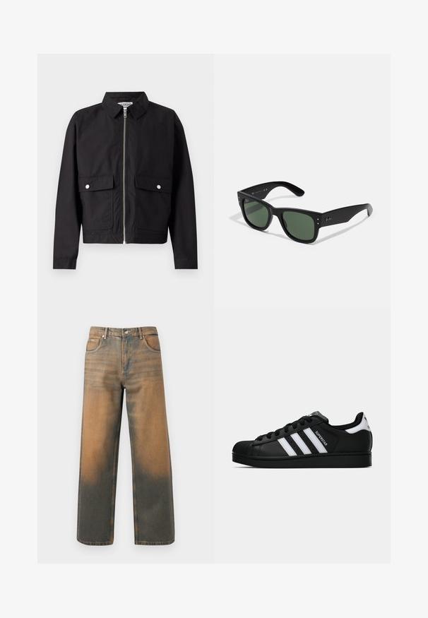 Črna jakna z zadrgo spredaj, kratkim ovratnikom in dvema sprednjima žepoma. Tkanina se zdi gladka in vodoodporna. Preprost dizajn, brez vzorcev.; Črna kratka majica s kratkimi rokavi v ohlapnem kroju, izdelana iz gladkega bombaža, z okroglo ovratnico in minimalističnim dizajnom.; Široke kavbojke v obrabljenem modrem in rjavem denimu. Imajo visok pas, sprednje žepke in klasično zapiranje na gumb z kovinskimi poudarki.; Črne superge Adidas Superstar z belimi črtami, zaščitnim pokrovom na prstih in napisom "Superstar" na strani, prikazane v bočnem profilu na beli podlagi.; Črne pravokotne sončna očala z zelenimi lečami, mat površino, subtilnimi kovinskimi detajli in embosiranim logotipom na drsniku.; Črna usnjena torba čez ramo s poklopcem, dvema srebrnima zaponkama, rumenim šivom in nastavljivim trakom. Ima gladko teksturo in kompaktno zasnovo.