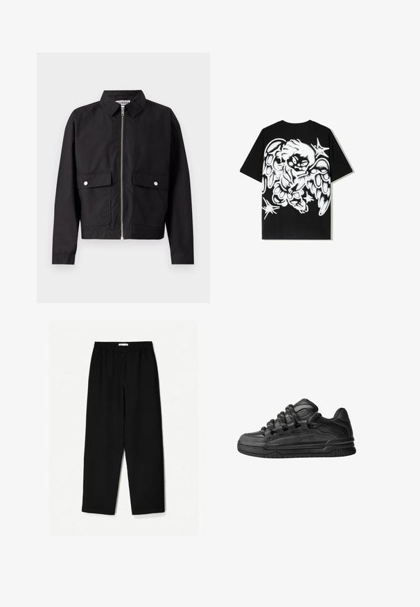 Schwarze Jacke mit Reißverschluss vorne, kurzem Kragen und zwei vorderen Taschen. Der Stoff wirkt glatt und wasserabweisend. Einfaches Design, ohne Muster.; Schwarzes Baumwoll-T-Shirt mit einem großen weißen Graffiti-Engel-Design auf dem Rücken, mit detaillierten Flügeln und Sternakzenten.; Schwarze, weit geschnittene Hose aus leichtem Stoff. Mit elastischem Bund und glatter Textur. Keine sichtbaren Muster oder Beschläge.; Schwarze Sneakers mit einem glatten Leder-Obermaterial, strukturierten Akzenten und runden schwarz-weißen Schnürsenkeln. Dicke Gummisohle mit einem gemusterten Profil.